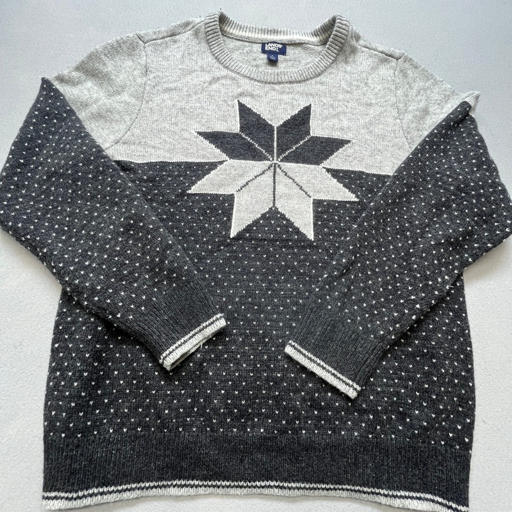 Lands End Mens Grey Nordic Fair Isle Star Wool Blend Crewneck Sweater Sz Lg